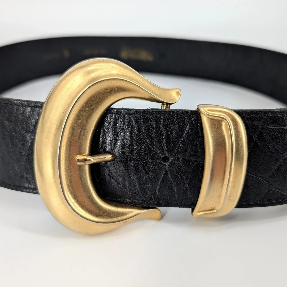Patricia Nash Details Black Leather Belt Oversized Gold Sculptural Buckle‎ USA M